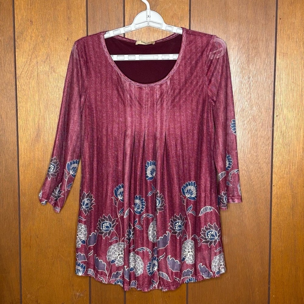 Timeson Top Womens S Tunic‎ Floral Maroon Boho Fairy Whimsigoth Soft Grunge Work
